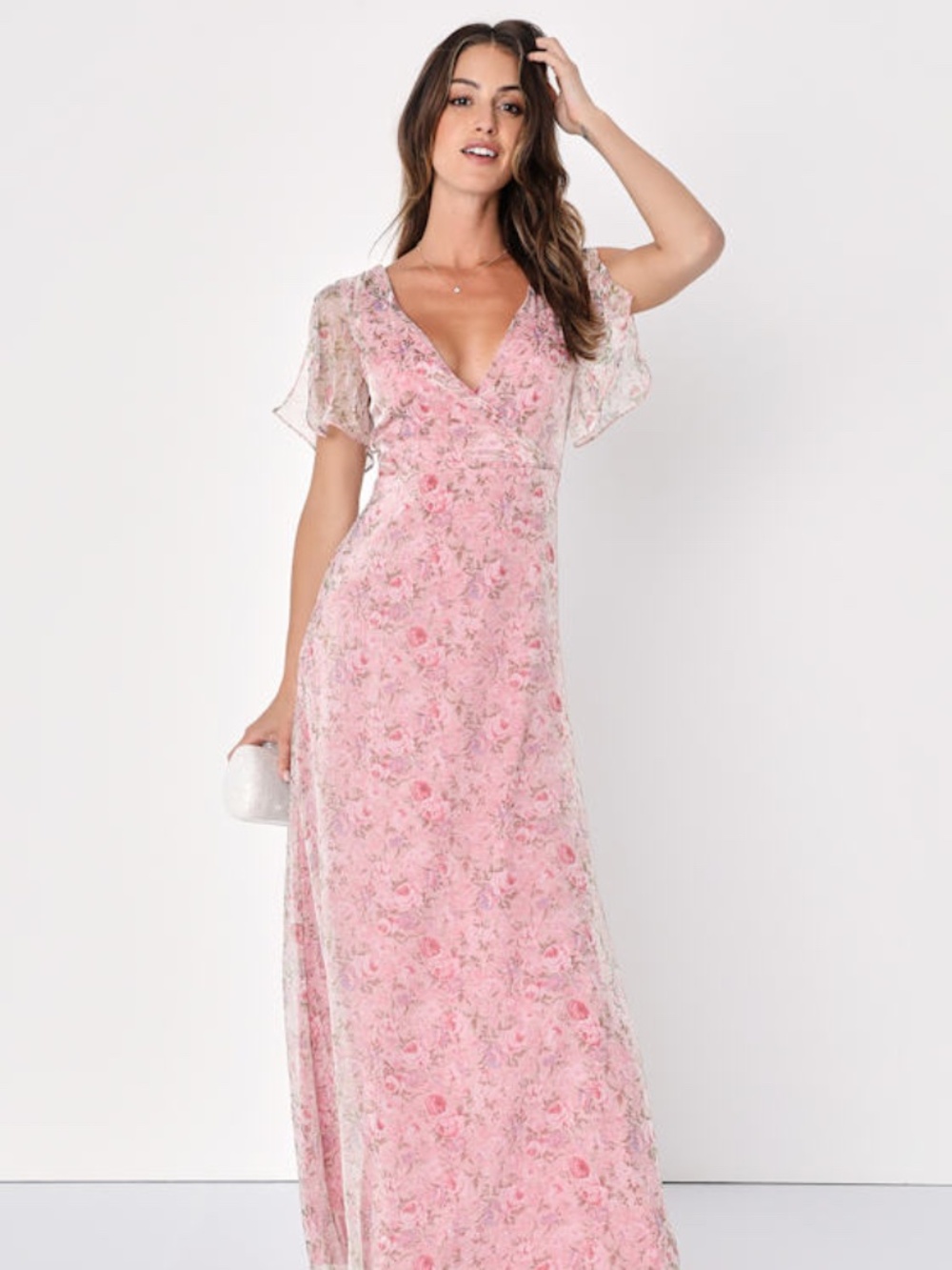 Lulus Dreamiest Desires Pink Floral Flutter Sleeve Maxi Dress - Size S
